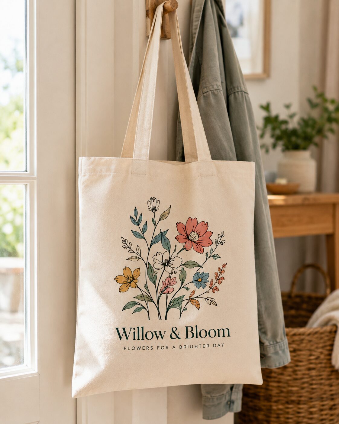 Floral DTF transfer pressed onto a canvas tote bag