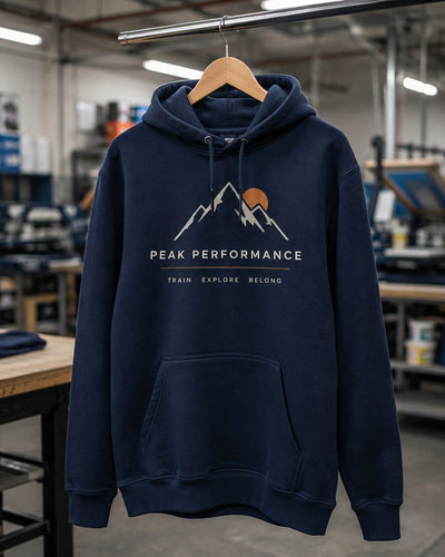 DTF transfer pressed onto a navy hoodie front