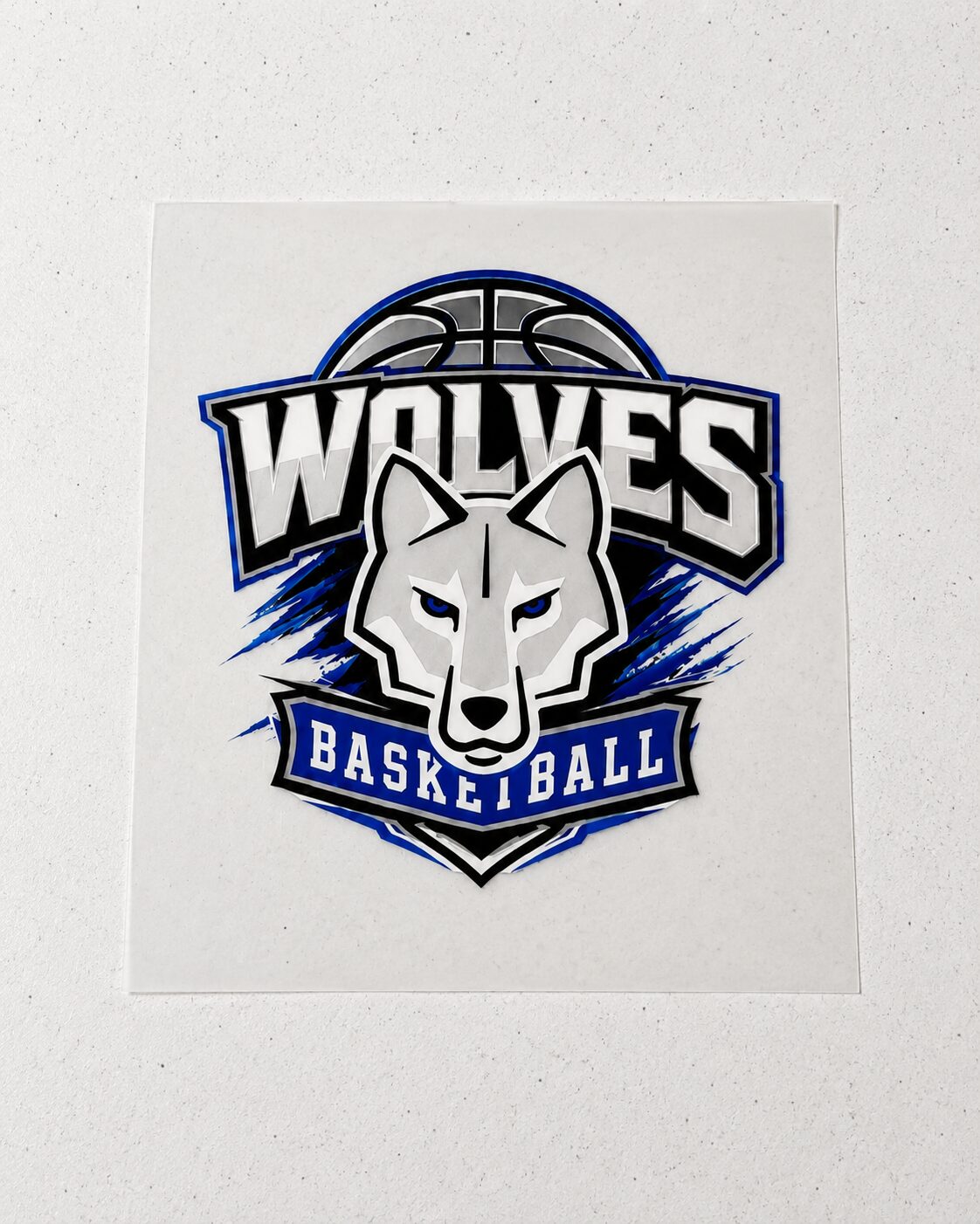 DTF transfer of a Wolves basketball team logo on transfer film