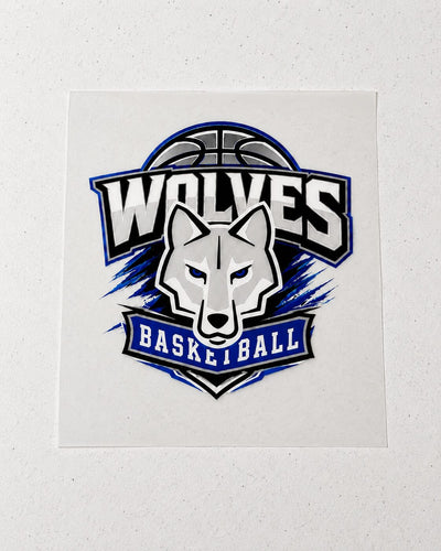 DTF transfer of a Wolves basketball team logo on transfer film
