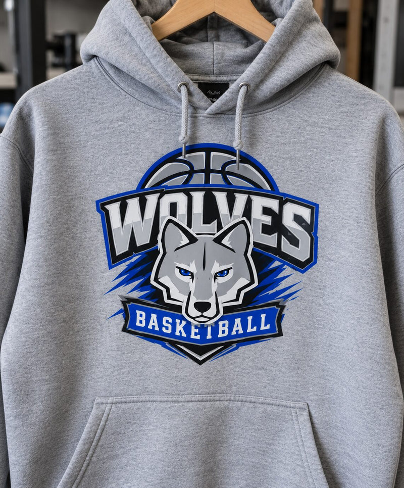Same Wolves logo printed with eight-color DTF, blues true to the artwork