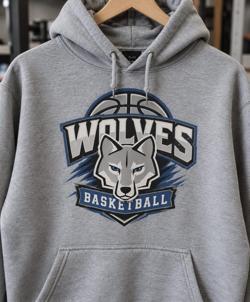 Wolves logo printed with four-color DTF, blues shifted toward gray
